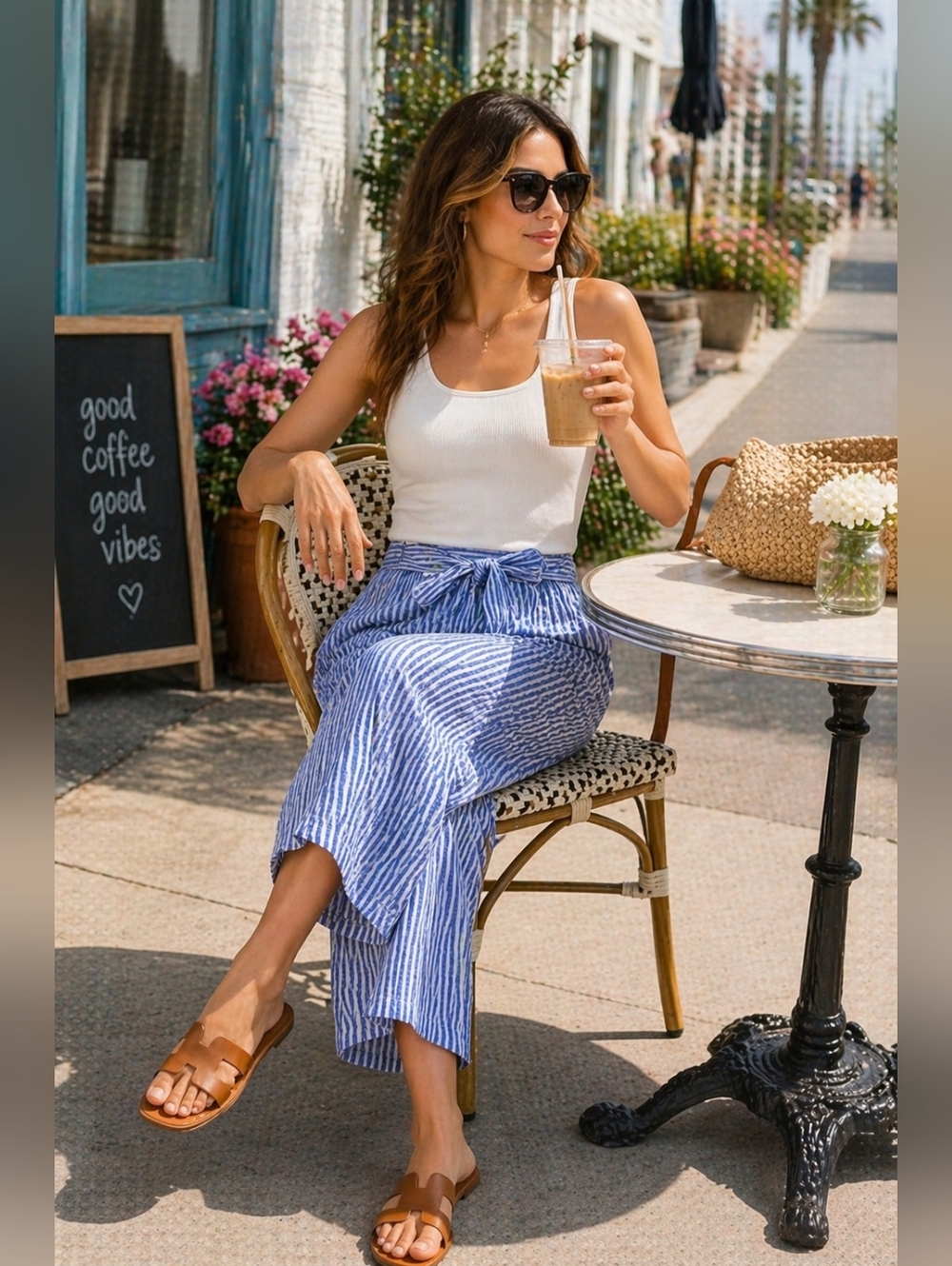 Dress Forum Coastal Wide Leg Crop Pants Blue Stripe Resort Style Small - Picture 2 of 8